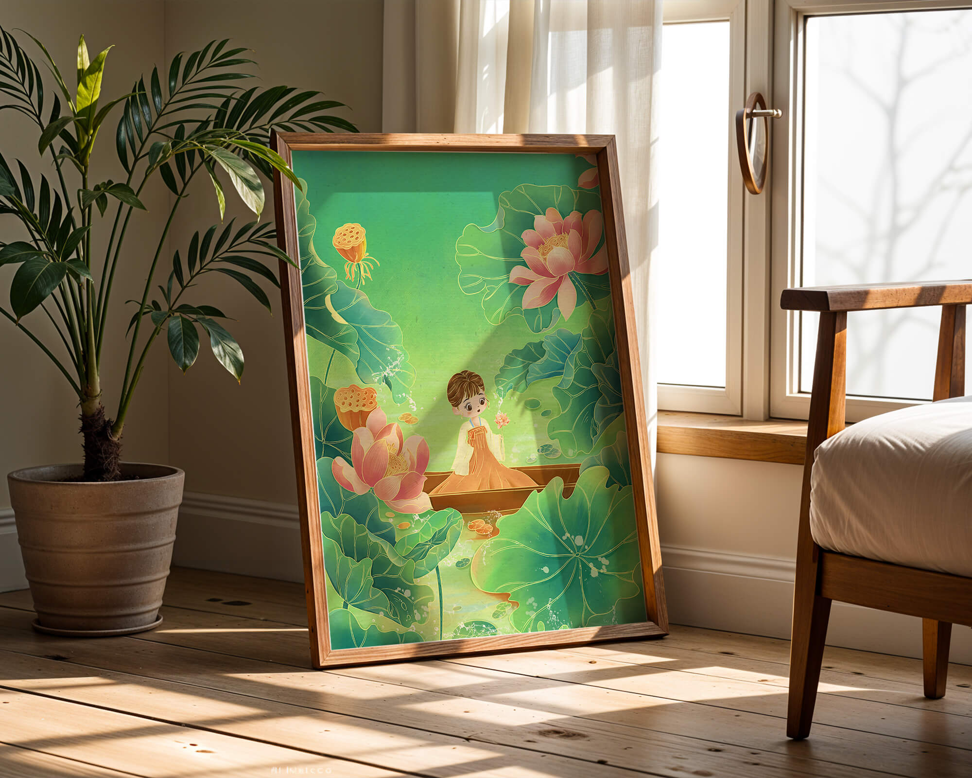 Serene illustration with girl among lotus flowers and green leaves