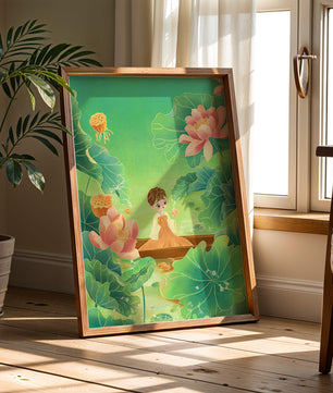 Serene illustration with girl among lotus flowers and green leaves