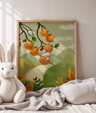 Femme assise sur un fruit orange dans un paysage surréaliste