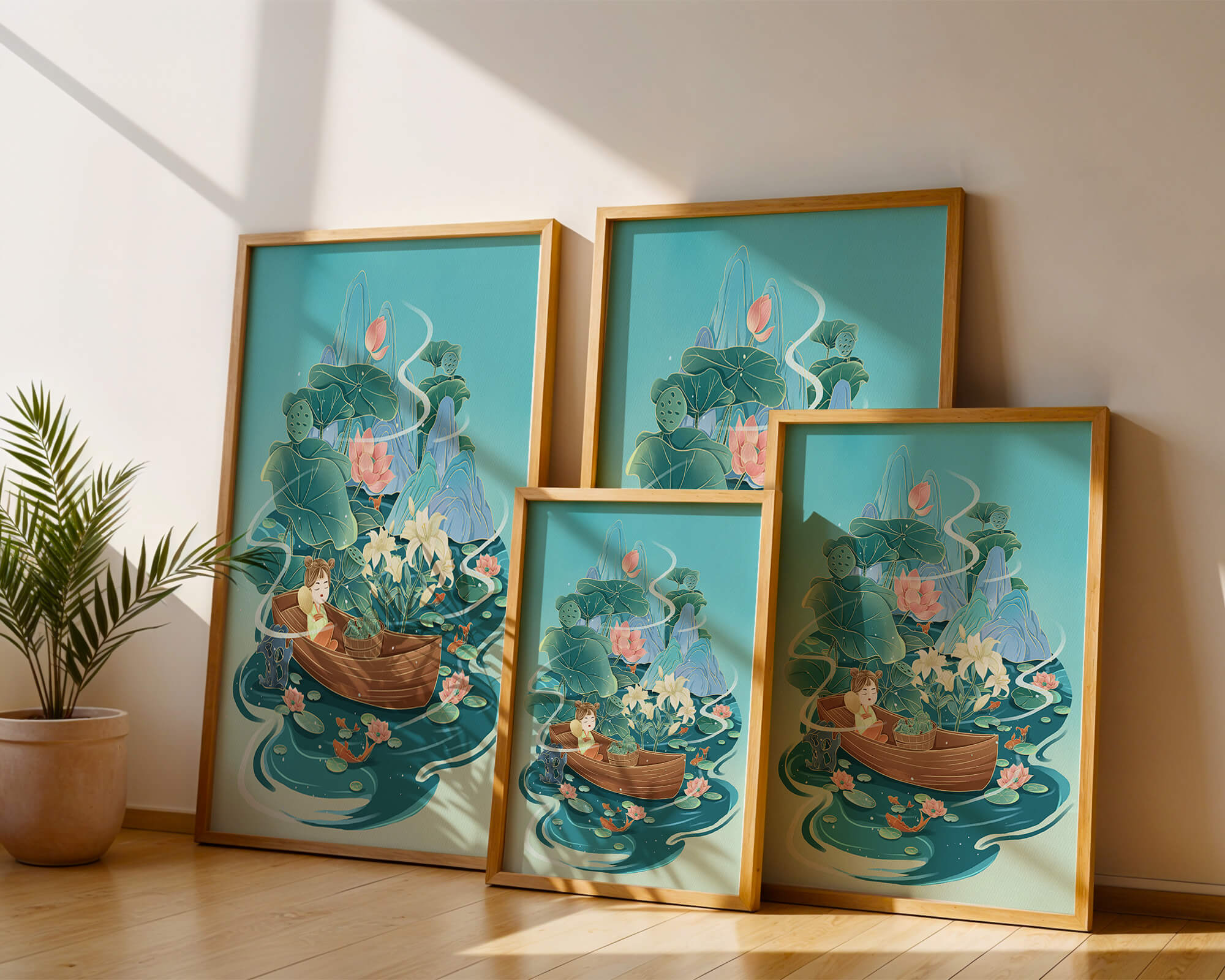 Serene landscape with lotus and boat in a tranquil water scene