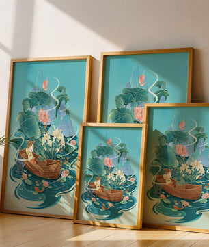 Heitere Landschaft mit Lotus und Boot in einer ruhigen Wasserszene