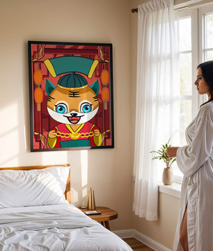 Tigre de dibujos animados colorido con linternas y elementos tradicionales