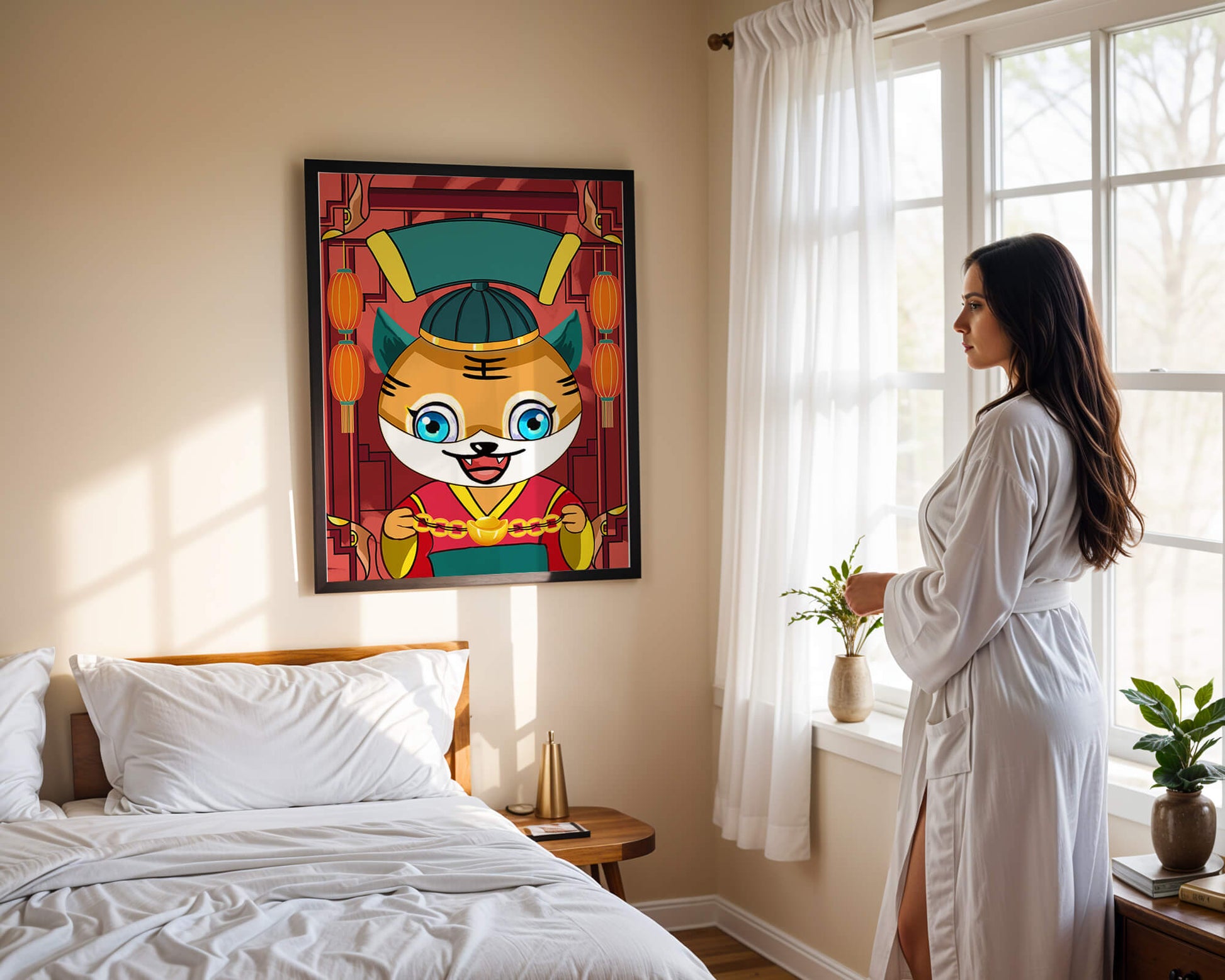 Colorful cartoon tiger with lanterns and traditional elements