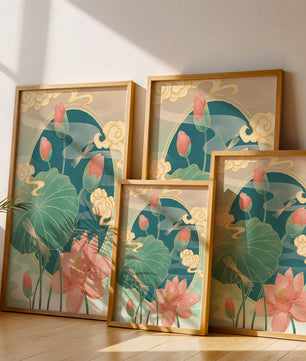 Ruhiges orientalisches Lotus-Design mit Libellen und Wolken