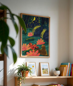 Mystical night garden with bright flowers and starlit sky
