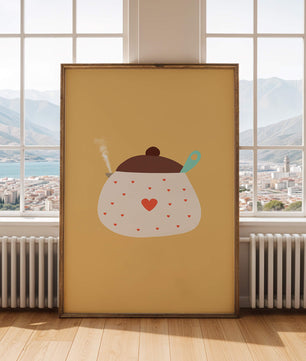 Ilustración de una olla decorada con corazones y vapor sobre fondo amarillo