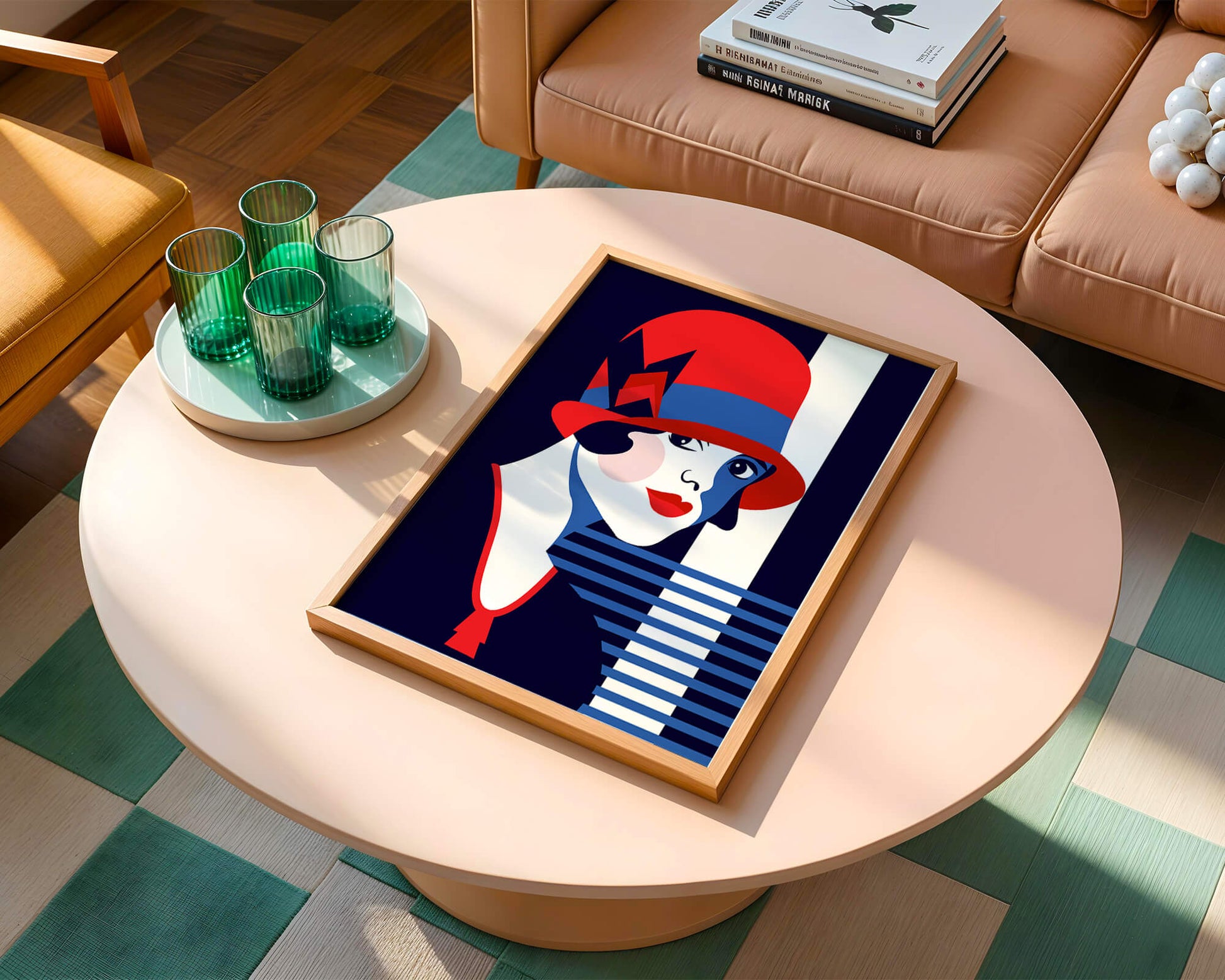 Elegante mujer de estilo art déco con sombrero cloche rojo y patrones geométricos.