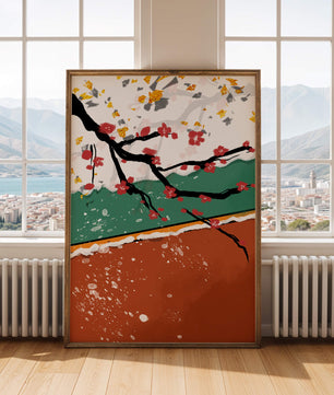 Artistic depiction of blossom branches with gold elements and abstract background