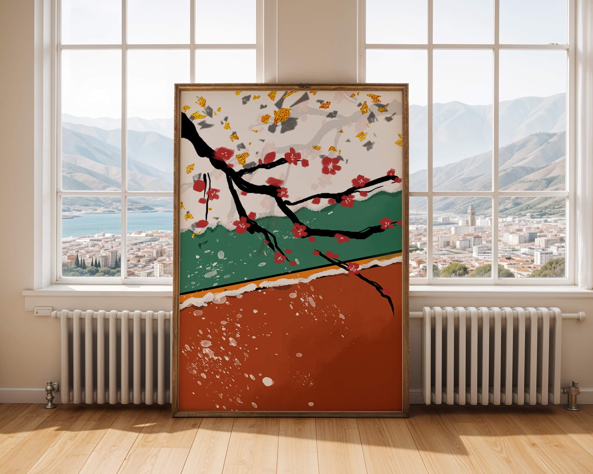 Artistic depiction of blossom branches with gold elements and abstract background