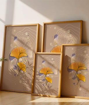 Elegante Blätter des Ginkgo mit abstrakten wellenförmigen und kreisförmigen Elementen