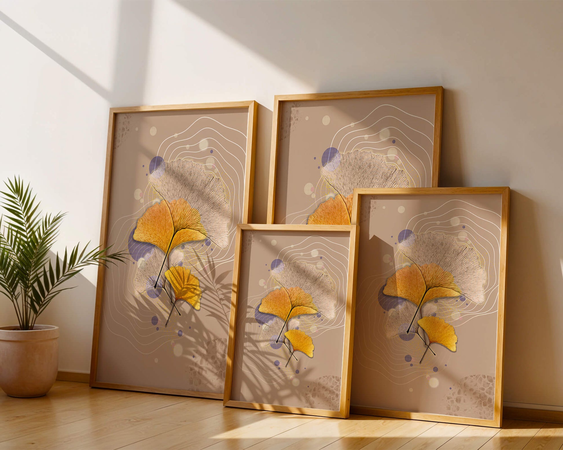Elegant ginkgo leaves with abstract wavy and circular elements