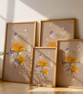 Elegant ginkgo leaves with abstract wavy and circular elements