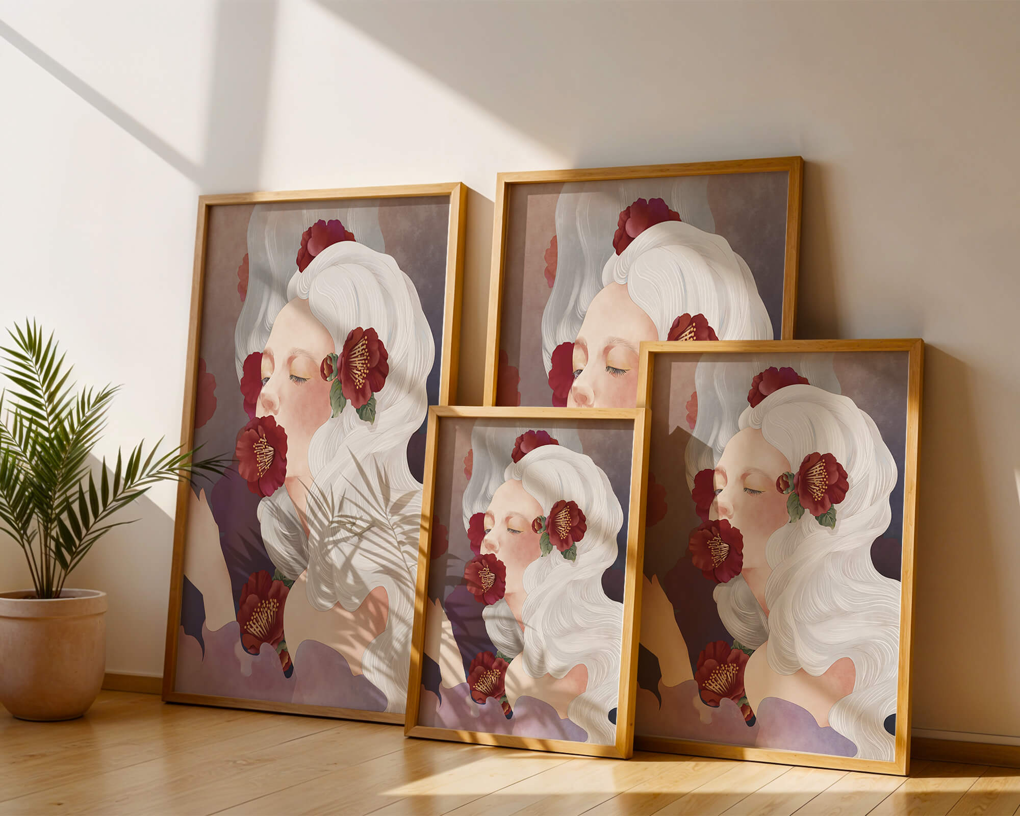 Dreamy Portrait of a Woman with White Hair and Red Flowers