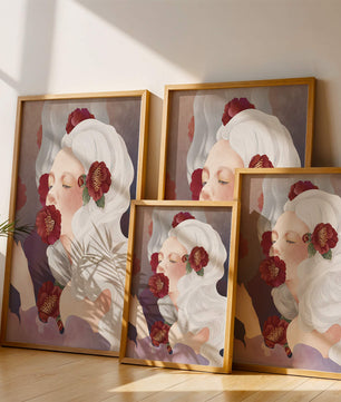 Retrato onírico de una mujer con cabello blanco y flores rojas