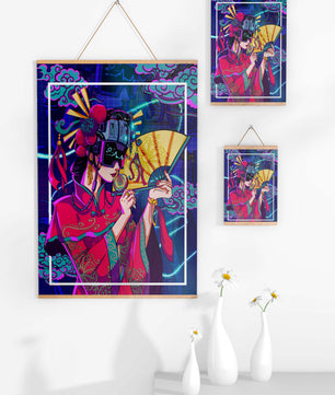 Geisha con traje futurista, elementos de neón y abanico