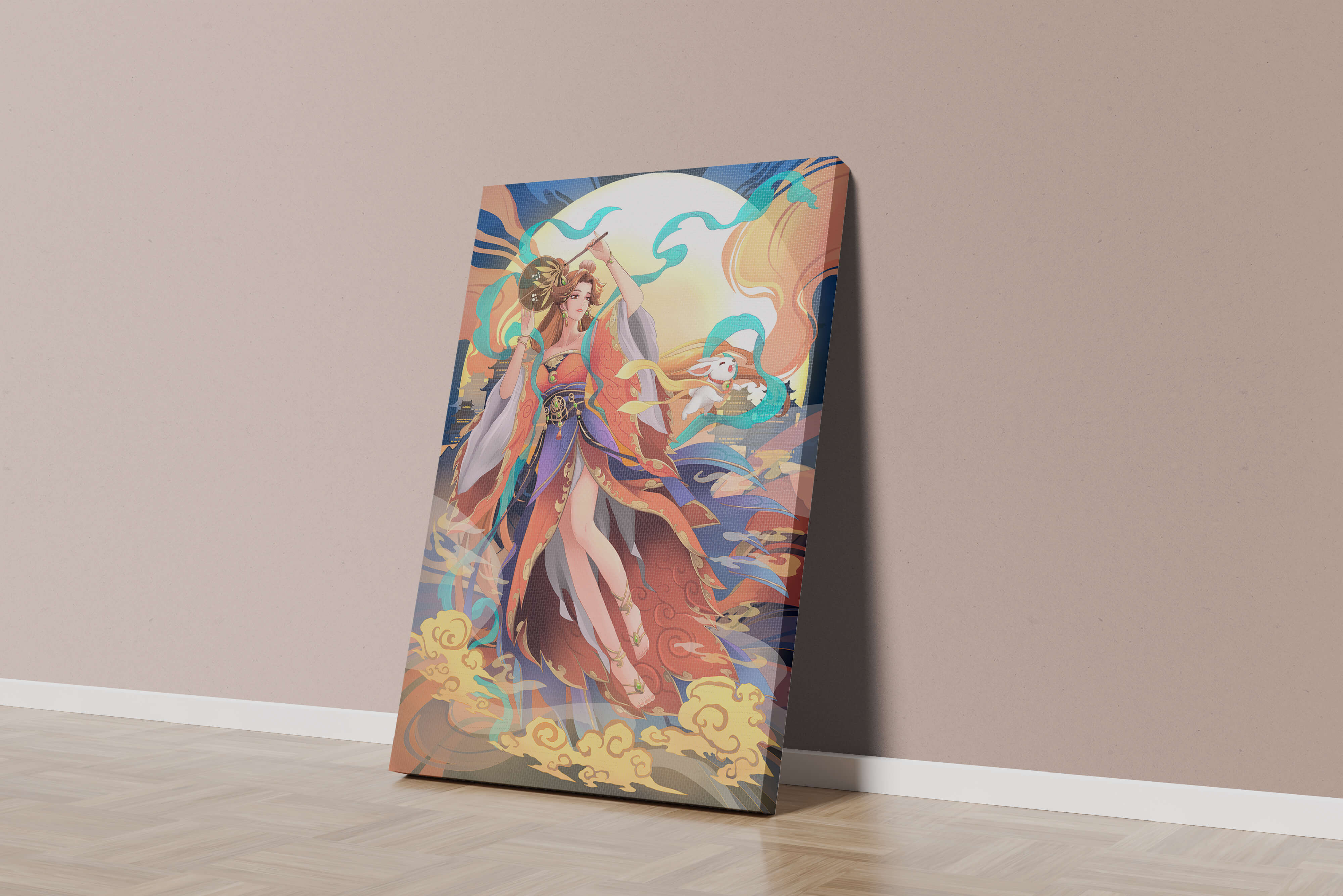 Elegant goddess with flowing robes against a mystical backdrop