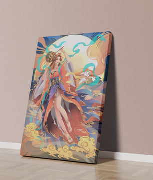 Elegant goddess with flowing robes against a mystical backdrop