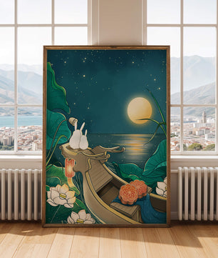 Ilustración serena de conejos contemplando una luna brillante sobre un lago tranquilo