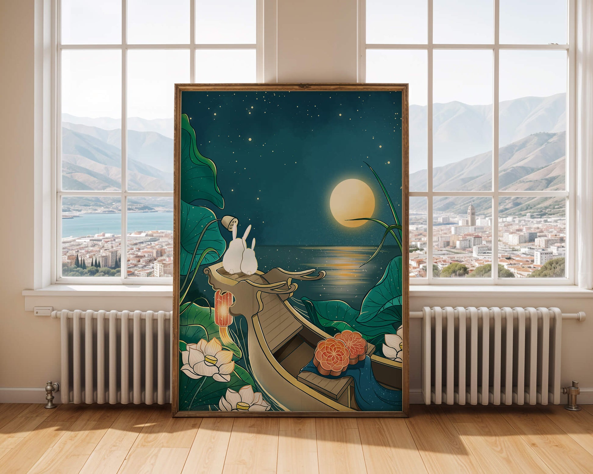 Serene illustration of rabbits gazing at a bright moon on a tranquil lake
