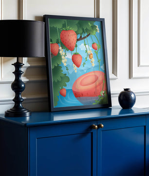 Illustrated strawberries in a whimsical garden setting