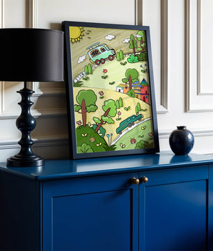 Colorful cartoon landscape with vehicles and nature scene
