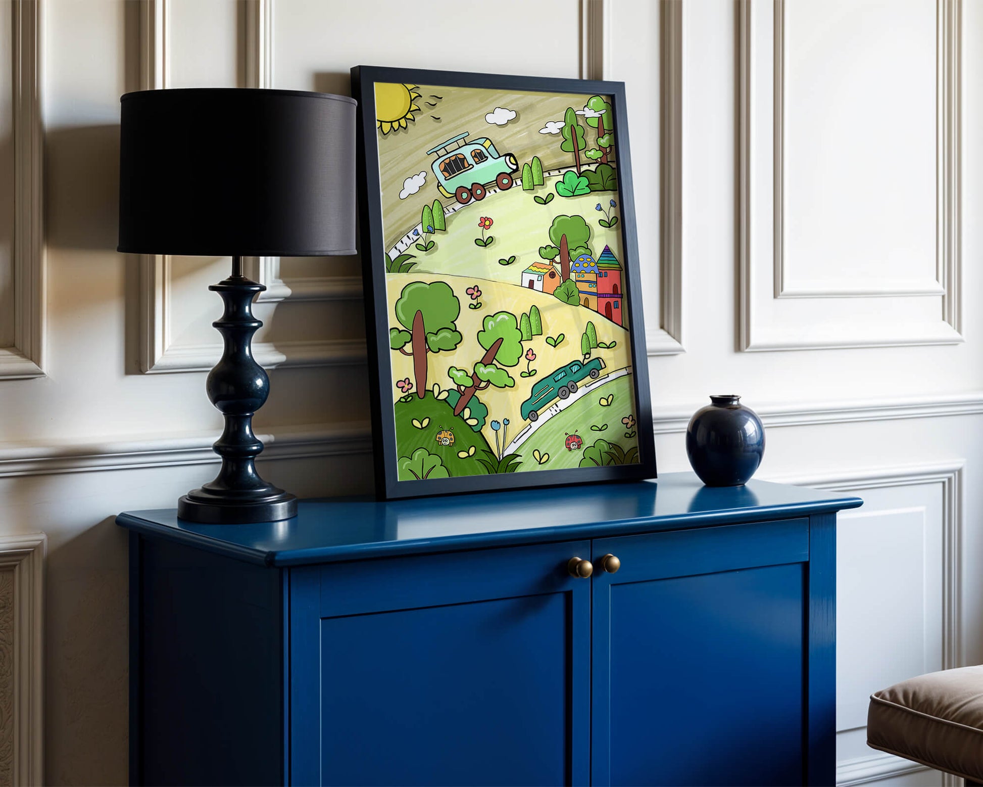 Colorful cartoon landscape with vehicles and nature scene