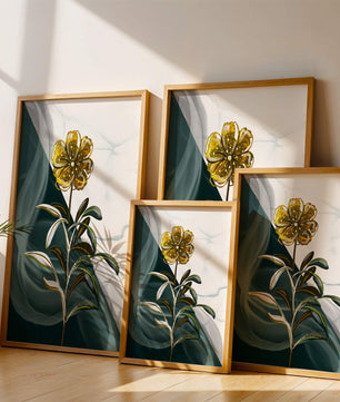 Abstract floral design featuring a golden flower with textured leaves
