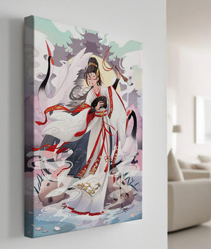 Elegant Asian Artistry with a Crane and Traditional Attire