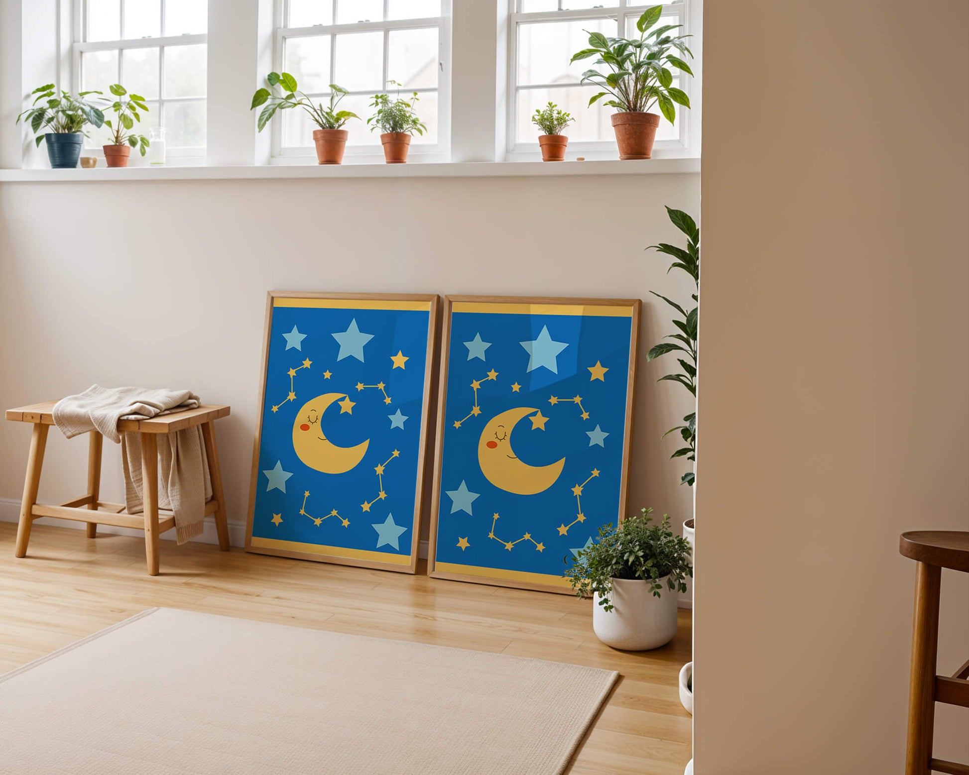 Whimsical children's room decor with smiling moon and stars