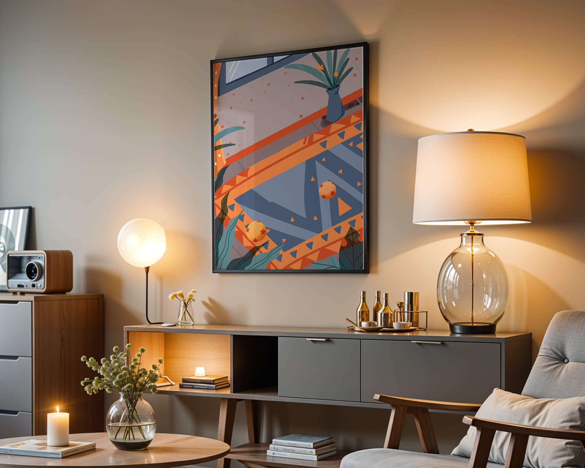 Modern interior with geometric patterns and vibrant colors