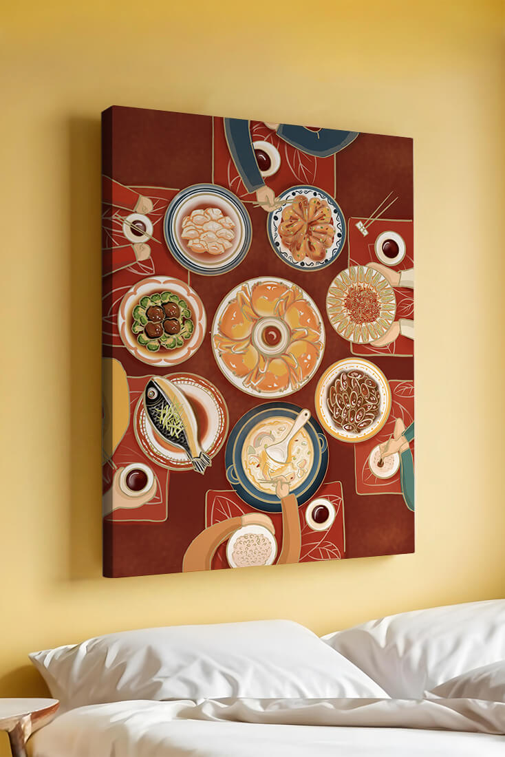 Colorful Chinese cuisine on a dining table with traditional dishes