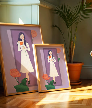 Illustration of a woman holding a flower in a serene pose