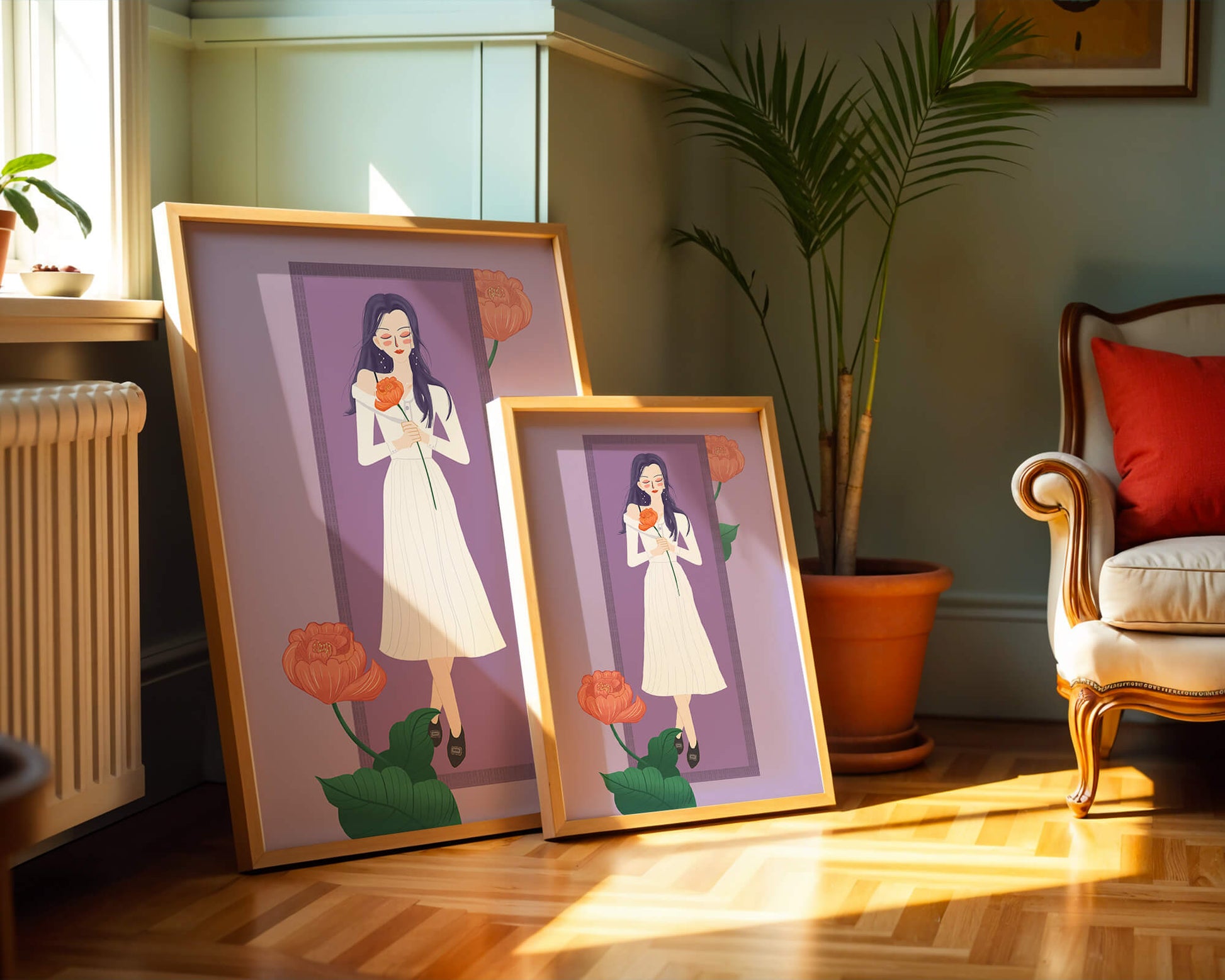 Illustration of a woman holding a flower in a serene pose