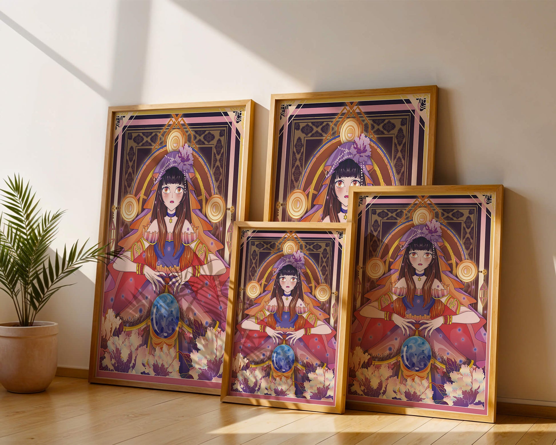 Fantasy Artwork Featuring a Fortune Teller with Crystal Ball and Flowers
