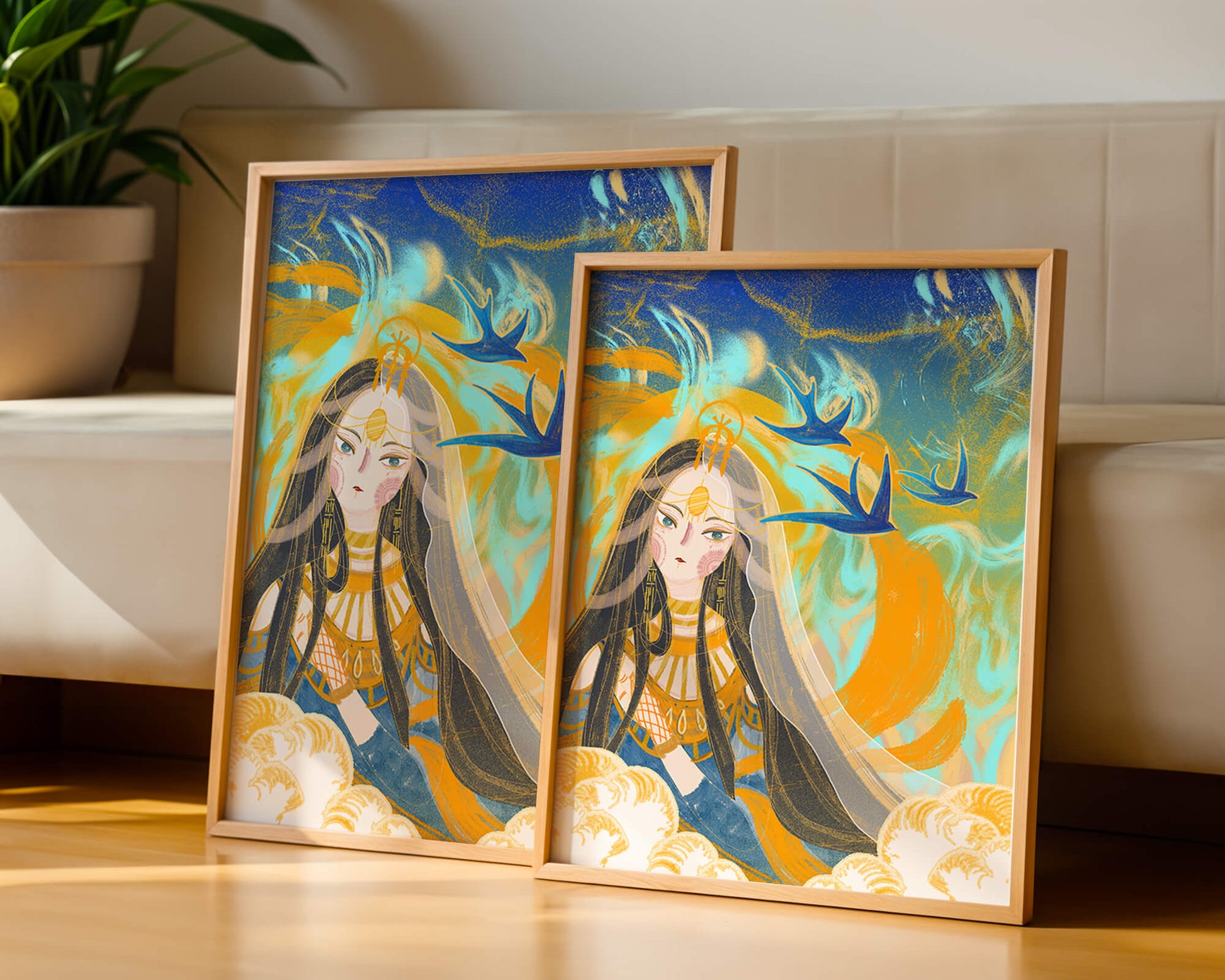 Majestic Goddess with Birds and Golden Elements in Mystical Setting