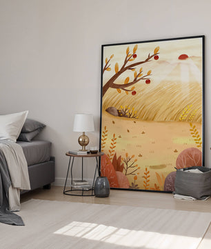 Autumn landscape illustration with apple tree and sunrise in a serene field