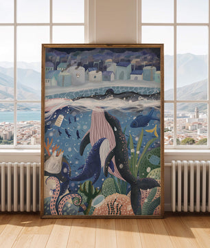 Ville sous-marine fantaisiste avec vie marine et pollution