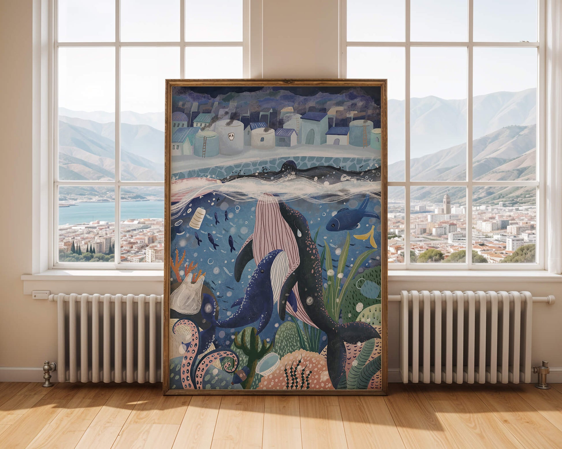 Whimsical Underwater City with Marine Life and Pollution