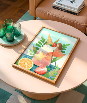 Bezaubernde Sommergetränk-Illustration mit Früchten, Blättern und einem Kind