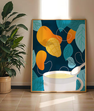 Ilustración colorida de mangos y hojas con una bebida cremosa