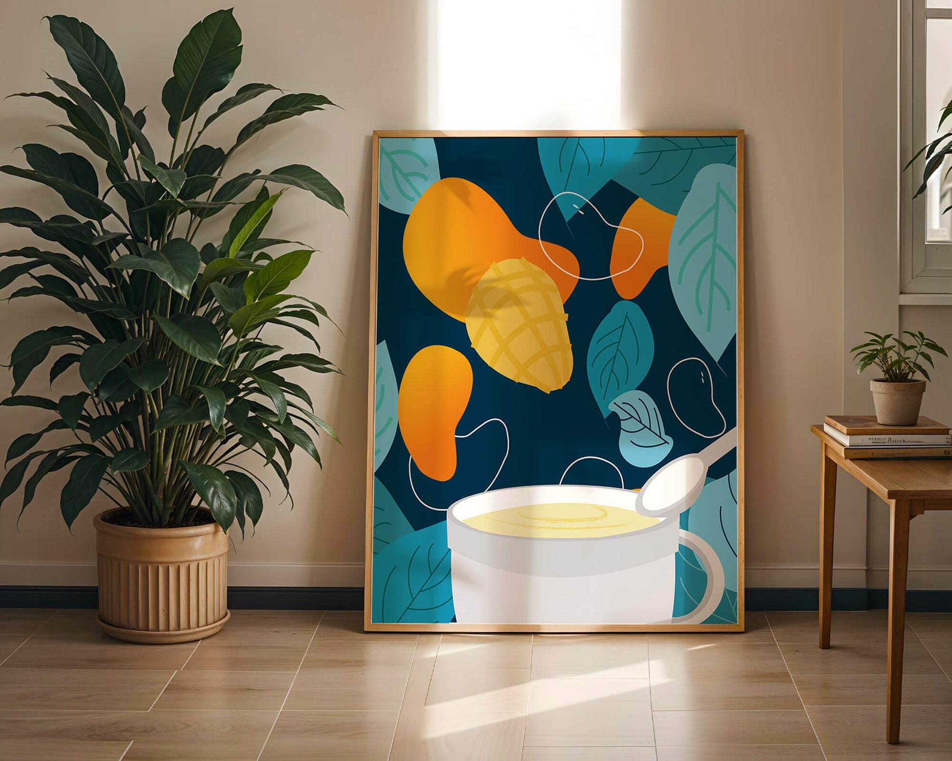 Ilustración colorida de mangos y hojas con una bebida cremosa