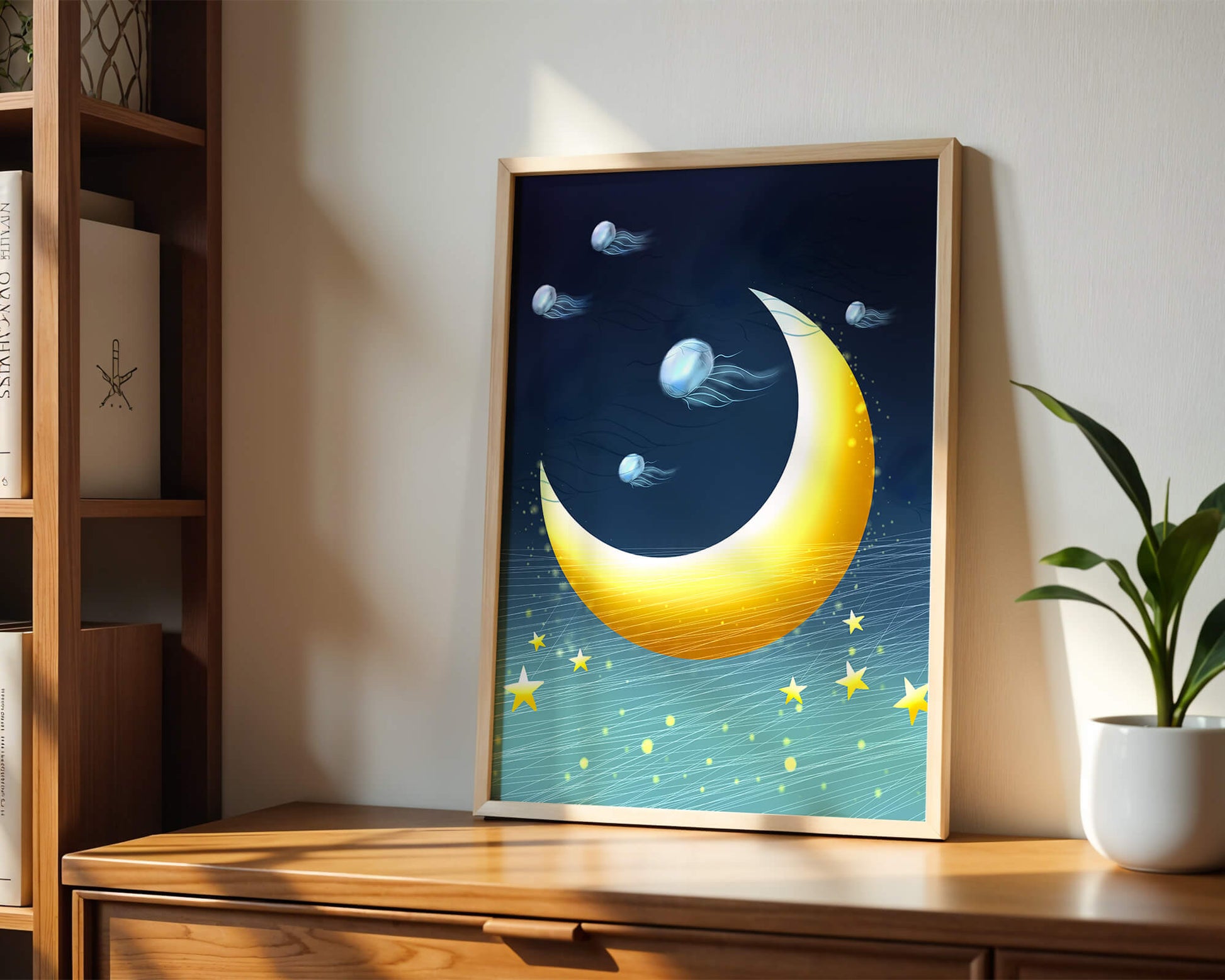 Night sky with golden crescent moon and jellyfish drifting