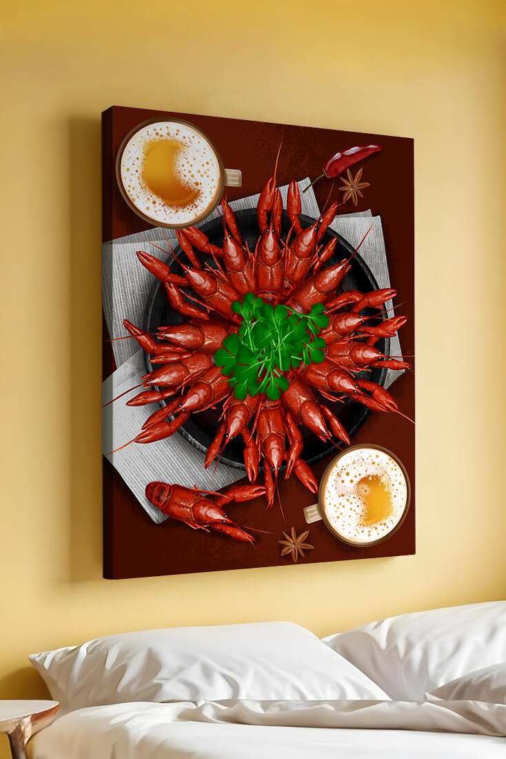 Gourmet seafood platter with crayfish and coffee cups