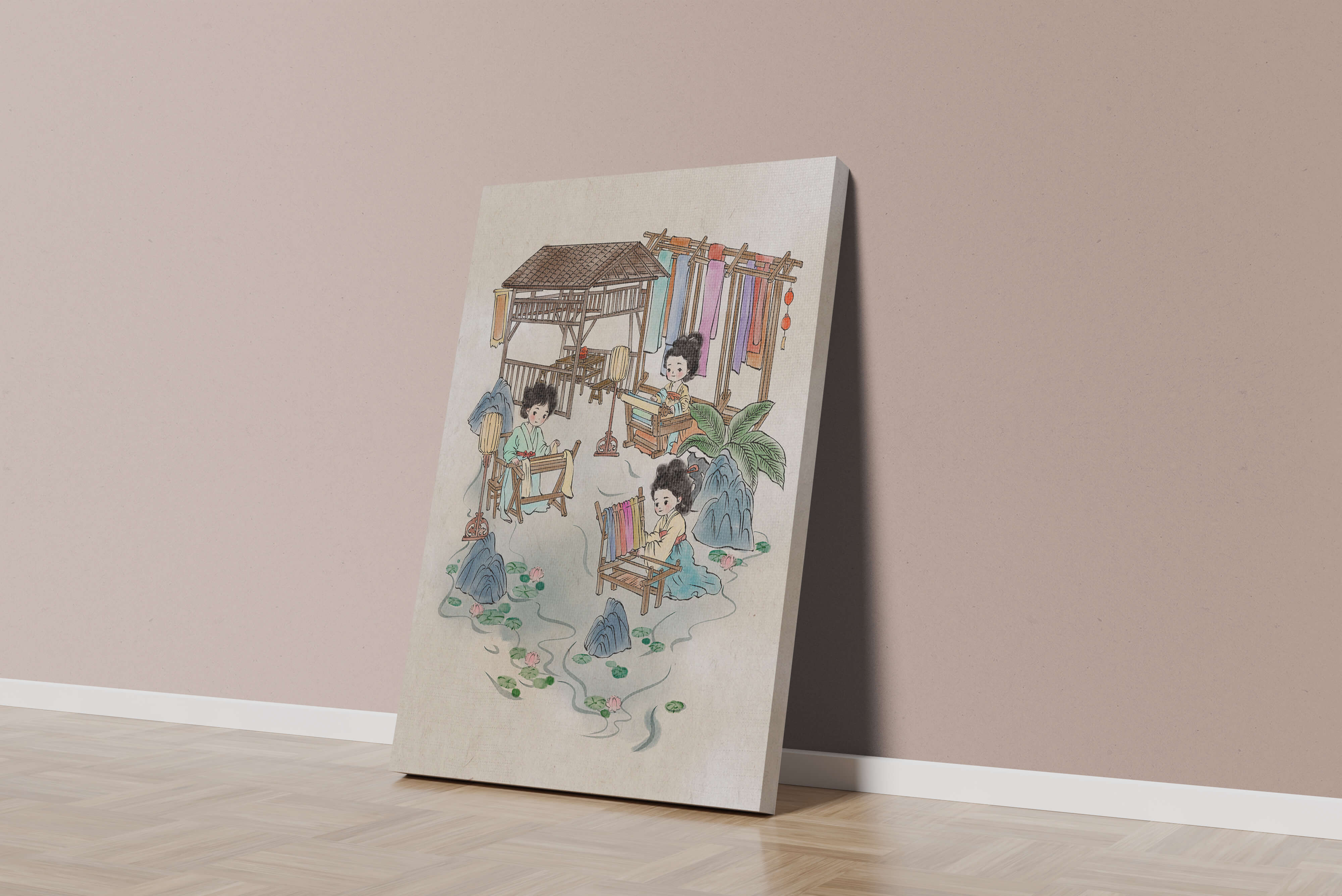 Charming illustration of traditional textile crafts in a serene setting