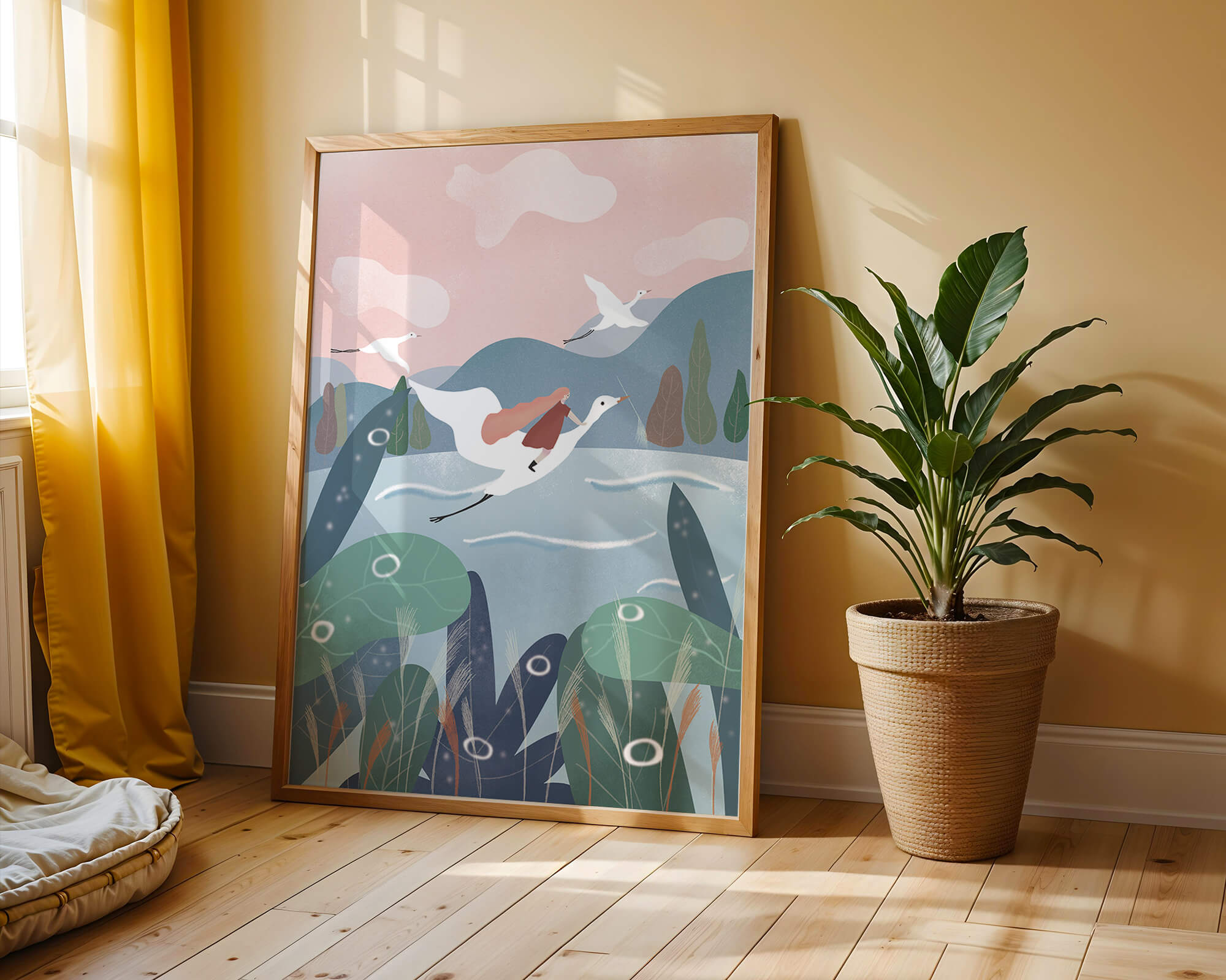 Whimsical landscape with flying birds and pink sky