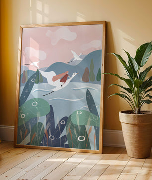 Whimsical landscape with flying birds and pink sky