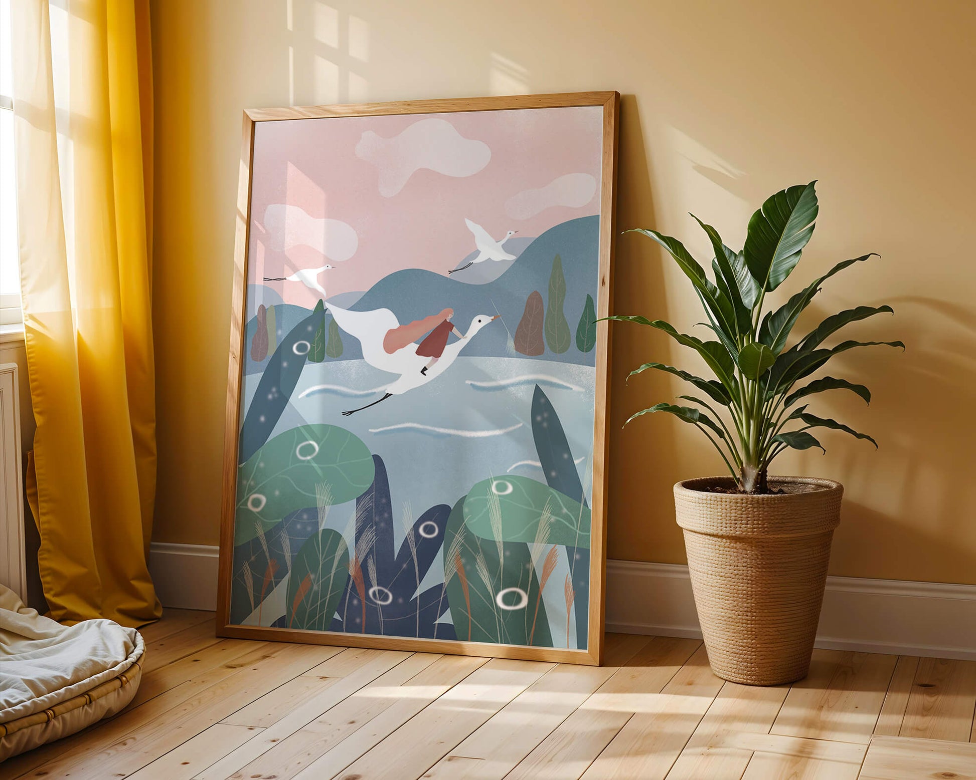 Whimsical landscape with flying birds and pink sky