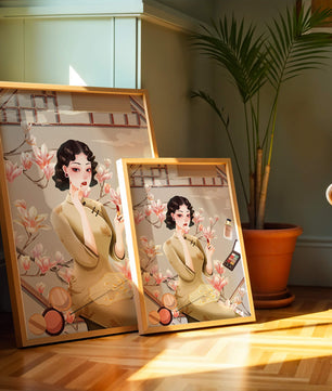 Elegant illustration of a woman with makeup and magnolia flowers