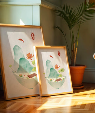 Paysage tranquille avec poissons, lotus et montagne dans un bol