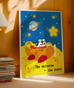 Colorful cartoon airplane with stars and planets in space